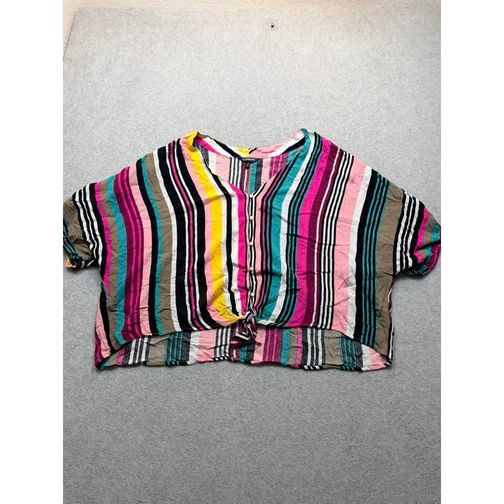 Express Womens Multi Color Vertical Stripe Button Front Tie Hem Cropped Blouse